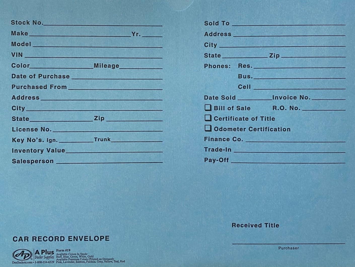 9" x 12" Vehicle Car Dealer Deal Jackets Envelopes 100 Pack Buff Printed Office