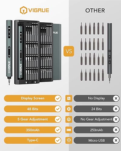 Miniatura 7 de VIGRUE Destornillador eléctrico con pantalla, mini juego de destornilladores de precisión inalámbricos con 48 puntas magnéticas, pequeño