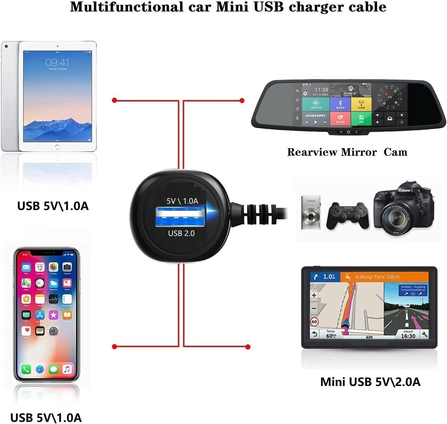 Dash Cam Charger Cable, 11.5FT Mini USB for 12V-24V Cars & Trucks, 3-in-1 Charging for Dash Cam, GPS Navigator, Mobile Phones & Other Devices