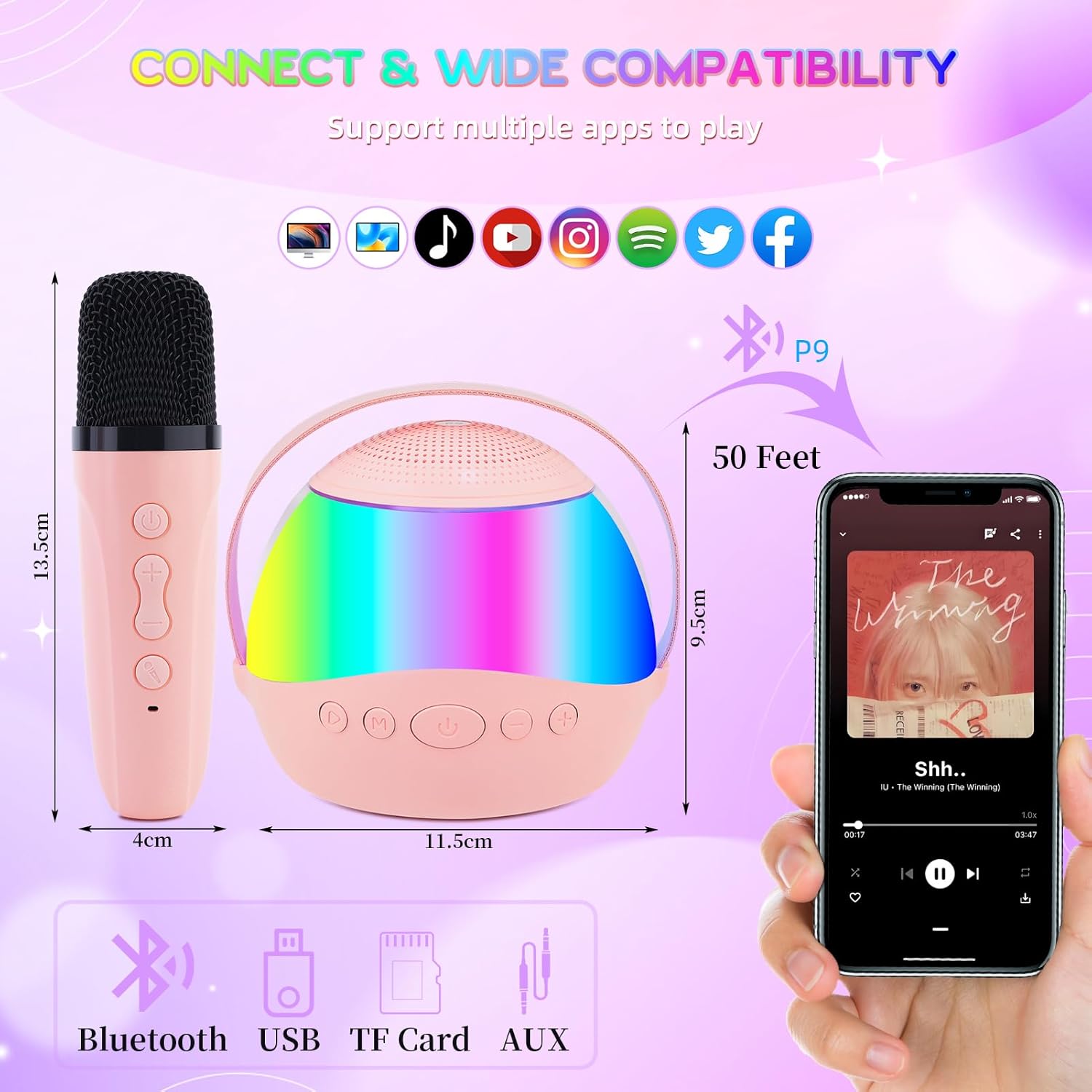 Karaoke Machine for Kids Adults,Portable Bluetooth Mini Karaoke Microphone Singing Speaker with 2 Wireless Mic and Light,Toys for All Smartphones,Birthday,Family,Home Party - Image 5