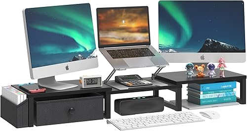 LANDVOI Soporte de monitor doble resistente, con capacidad para 2 pantallas de hasta 27 pulgadas, elevador de monitor de longitud y ángulo