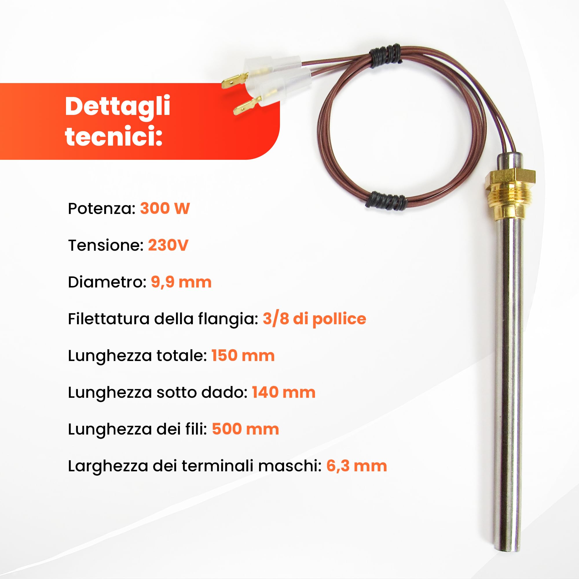FIREHOFF Candela di accensione per stufa a pellet, 300 W, 140/150 mm, diametro 9,9 mm, filettatura 3/8 con capicorda - garanzia 1 anno (nuovo modello)