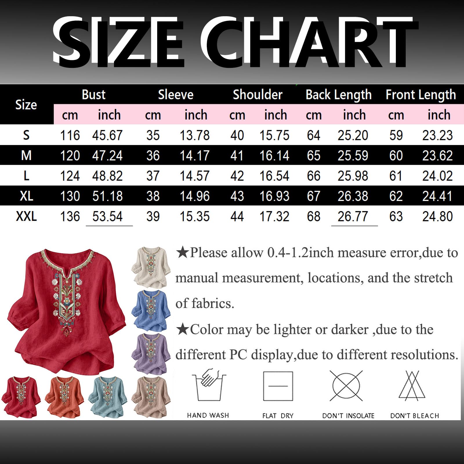 Genérico Camisas Mujer Primavera Manga 3/4 Algodón Lino Cuello V Bordado Étnico Blusa Transpirable Verano Oficina Suelta Casual Elegante Original Tops Fiesta Boho