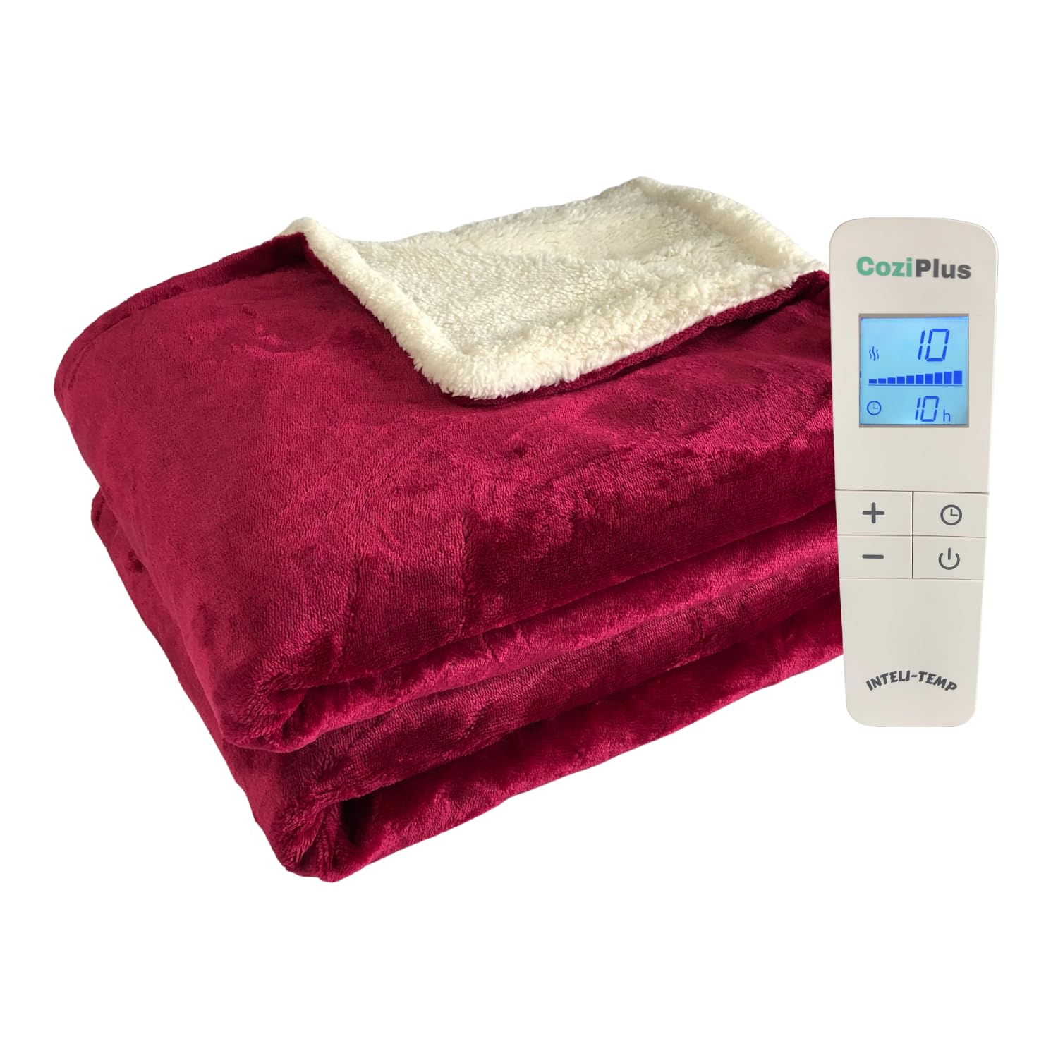 Coziplus Electric Heated Throw Blanket Flannel & Sherpa Fleece, Fast Heating 160x130cms, 10 Heat Levels & 10 Hours Auto Off Timer, LED Display, For Home & Office Use (Raspberry Red)