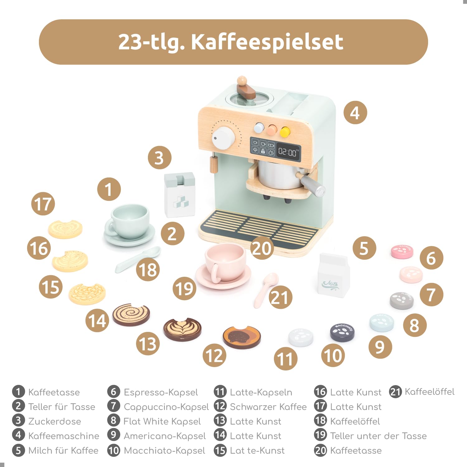UMU® Kinder Kaffeemaschine aus Holz – Kinderküche Zubehör inkl. austauschbaren Latte-Art-Designs und Tassen, Kaffeeservice-Set für Rollenspiele, Holzspielzeug für Vorschulkinder ab 3 4 5 6 Jahren