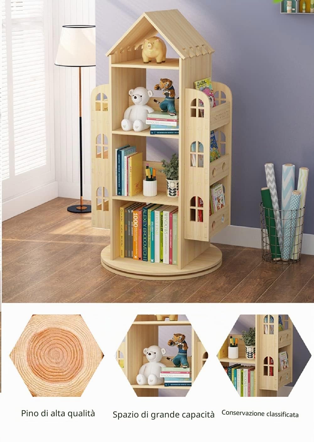 Heehee Libreria rotante a 360 ° Display da pavimento Libreria Scaffale per bambini, Scaffale per libri in legno Supporto organizer per bambini, Espositore per libri