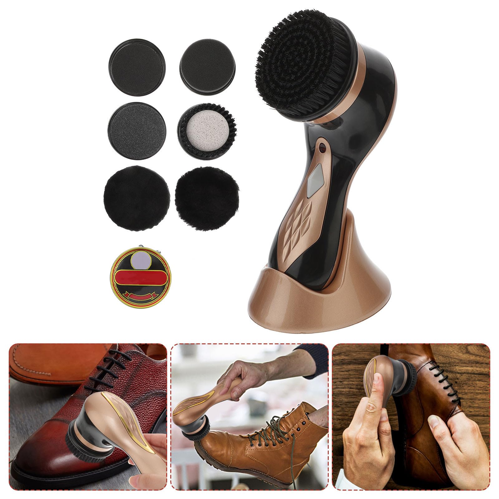 Kit Lucidatrice Elettrica Portatile per Scarpe e Borse in Pelle 7 Spazzole Sostituibili e Funzione di Pulizia e Cura della Pelle Oro in Plastica