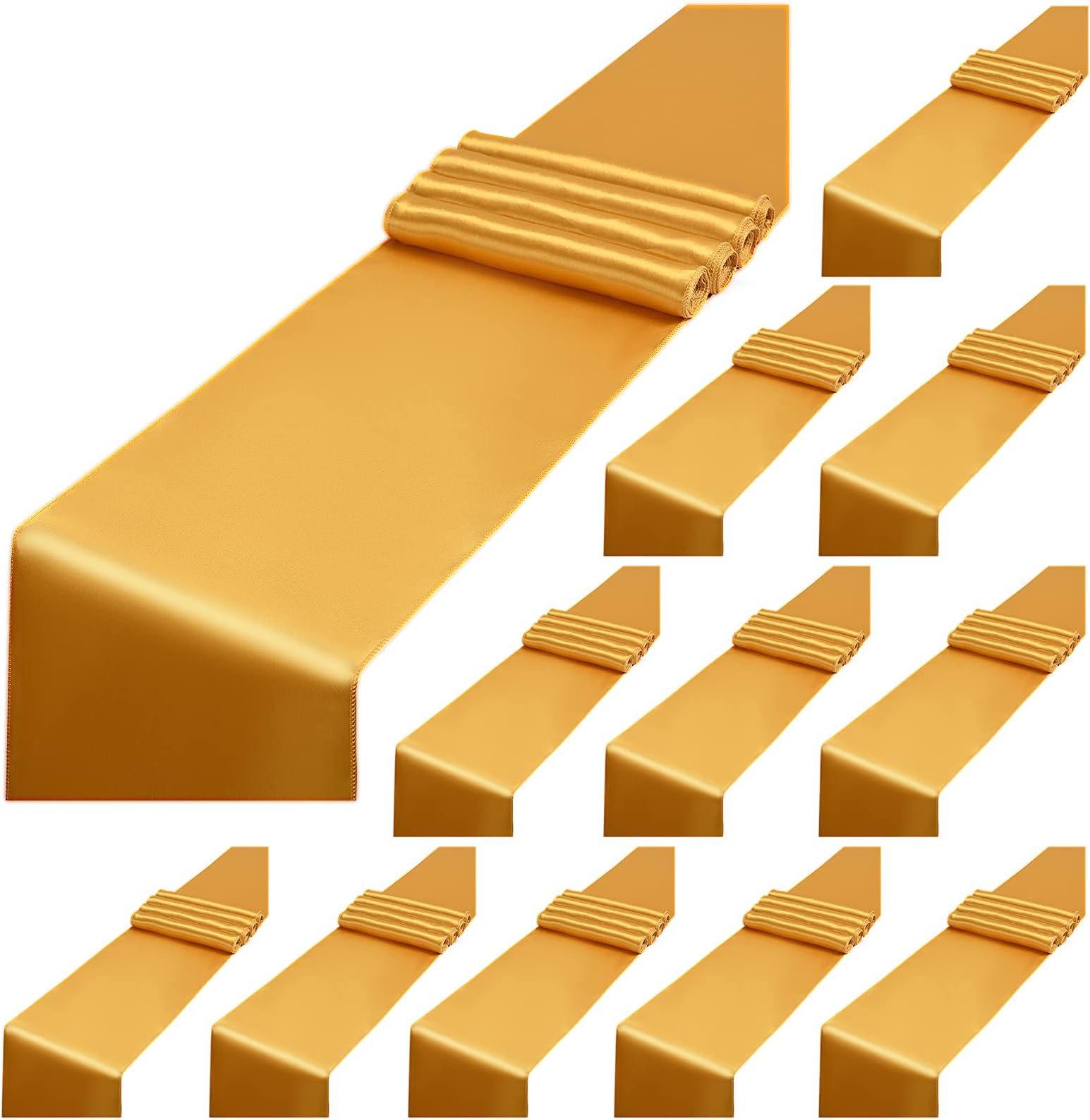 12 Pack Gold Satin Table Runner,12 x 108 inch Long Premium Smooth Table Runner for Wedding, Banquets, Birthday, Party, Graduation, Engagements, Table Runners fit Rectangle and Round Table