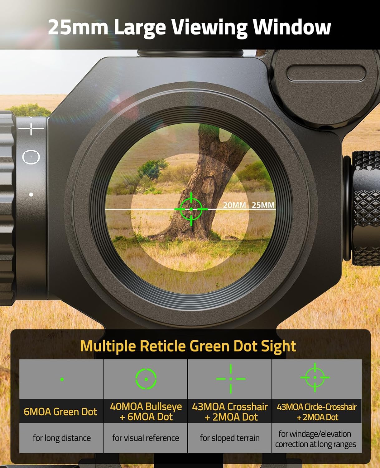 CVLIFE 1X25mm Auto-Brightness Red/Green Dot Sight, Multi-Reticle Motion Awake Quick Detach Scope, 6 MOA Dot & 43 MOA Circle with Flip Up Covers Optics for Picatinny, IPX7 Waterproof & Fogproof
