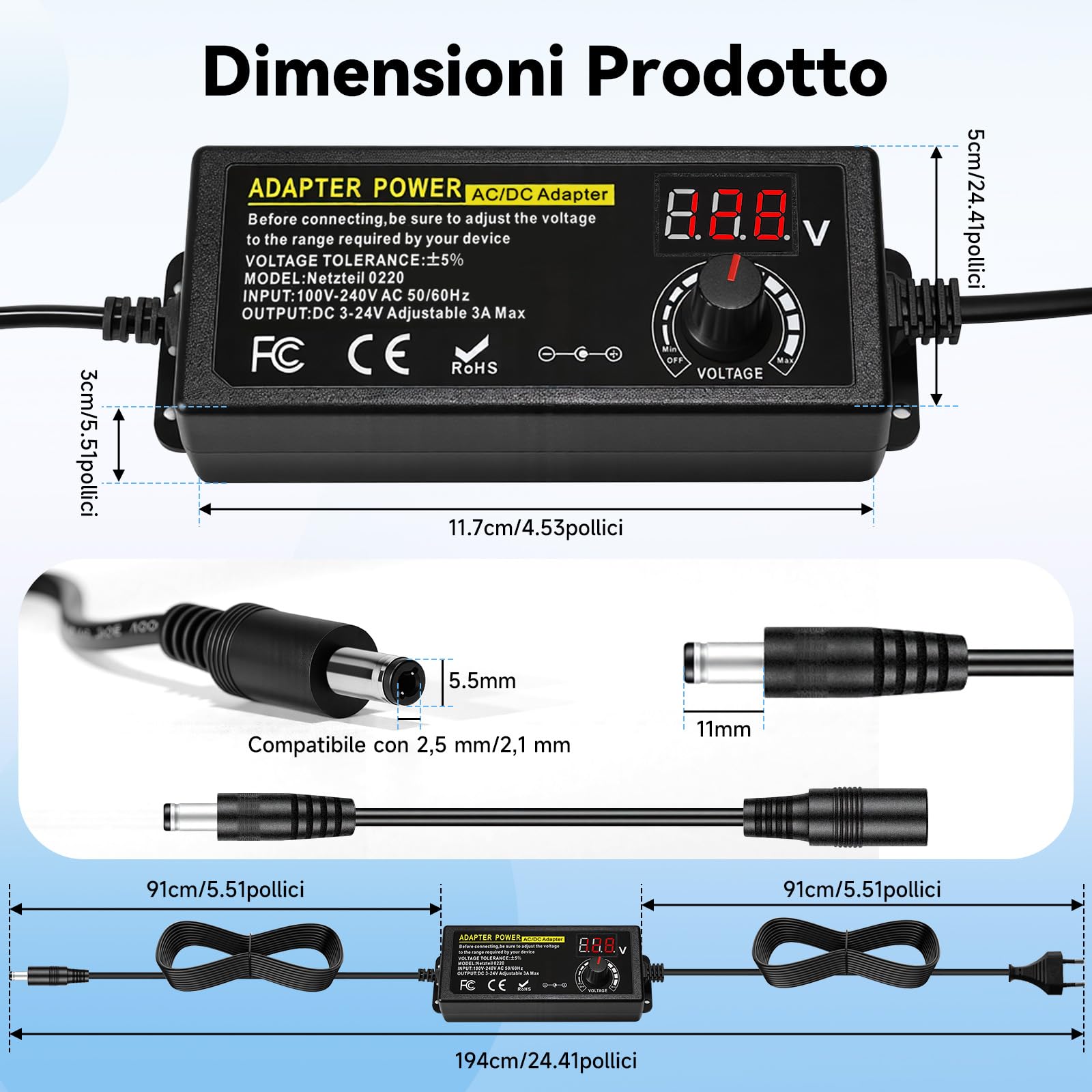24V 3A 72WAdattatore di Alimentazione Regolabile, 100V-240V Adattatore Universale con 14 Punte, Alimentatore con Indicatore di Tensione LED per Laptop Router Hobby Elettronica - 2