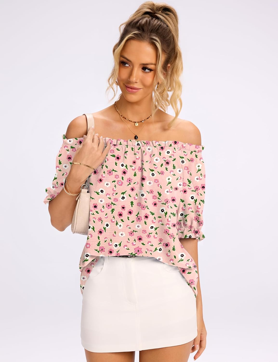 Kistore Womens Tops Short Sleeve Cotton Shirts Off The Shoulder Tops for Women Crewneck Dressy Casual Blouses S-XXL - Image 4