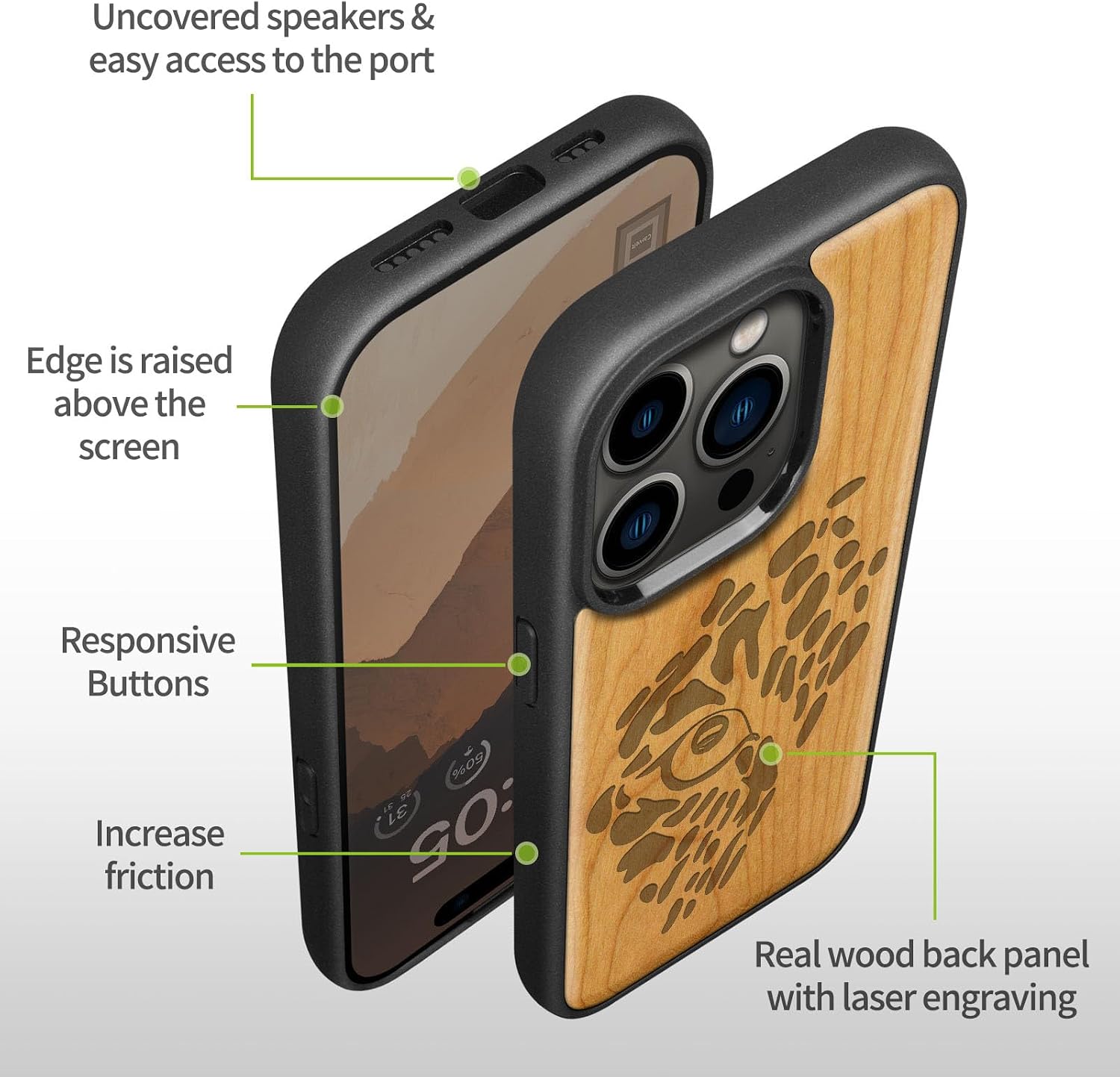 Carveit Magnetic Wood Case for iPhone 14 Pro Max [Natural Wood & Black Soft TPU] Unique & Classy Wooden Shockproof Protective Cover Compatible with magsafe (Fierce Gaze Tiger -Cherry)