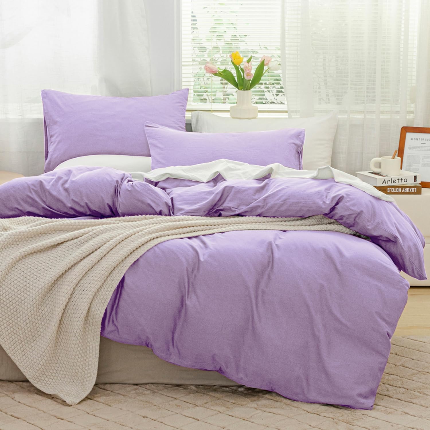 JELLYMONI Light Purple 100% Washed Cotton Duvet Cover Set, 3 Pieces Luxury Soft Bedding Set with Zipper Closure. Solid Color Pattern Duvet Cover King Size(No Comforter)
