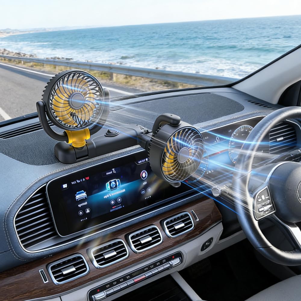 Ventilatore Auto, Ventilatore Auto Doppia Testa, 360° Ruotabile Ventola, 12 V Ventilatore da Auto con Presa Accendisigari, 2 Velocità per SUV RV ATV Camion Camper Auto Furgone Barca
