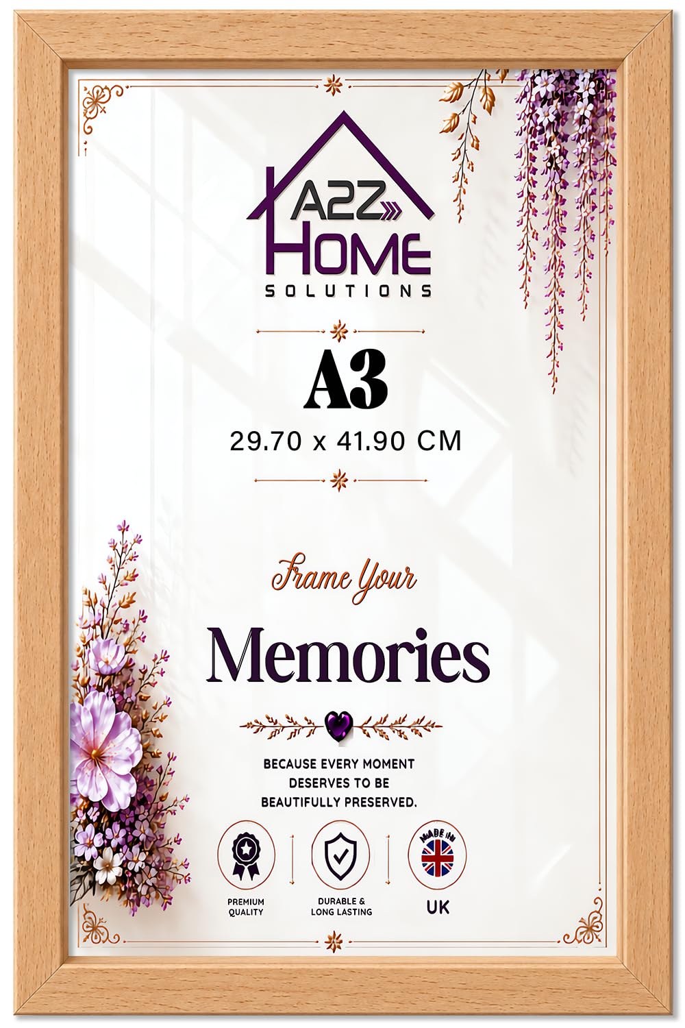 A2Z A3 (29.70 X 41.90 CM) Picture And Poster Frame, Minimalist Flat Profile MDF Single Opening Rectangular Wall Mount For Prints, Portrait Or Certificate Display, Office Home Decor - [Beech]