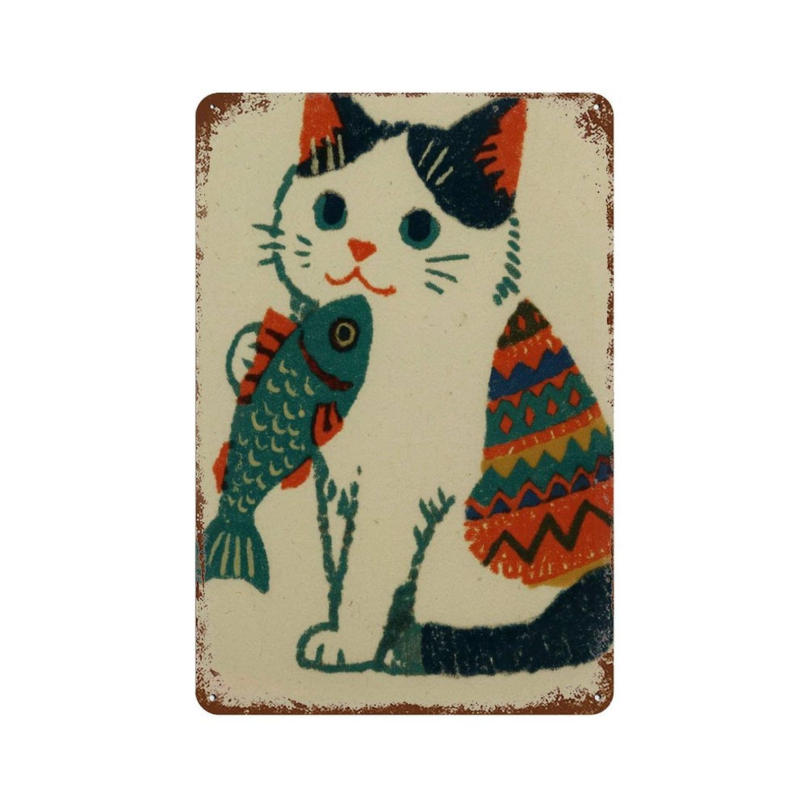 xiaoxiaoshen Folk Cat Colorful Whimsical Animal Retro Playful Work Wall Decor Art Metal Tin Poster Modern Home Decor Art Home Bar Shop Decorations Vintage Sign 30x20cm
