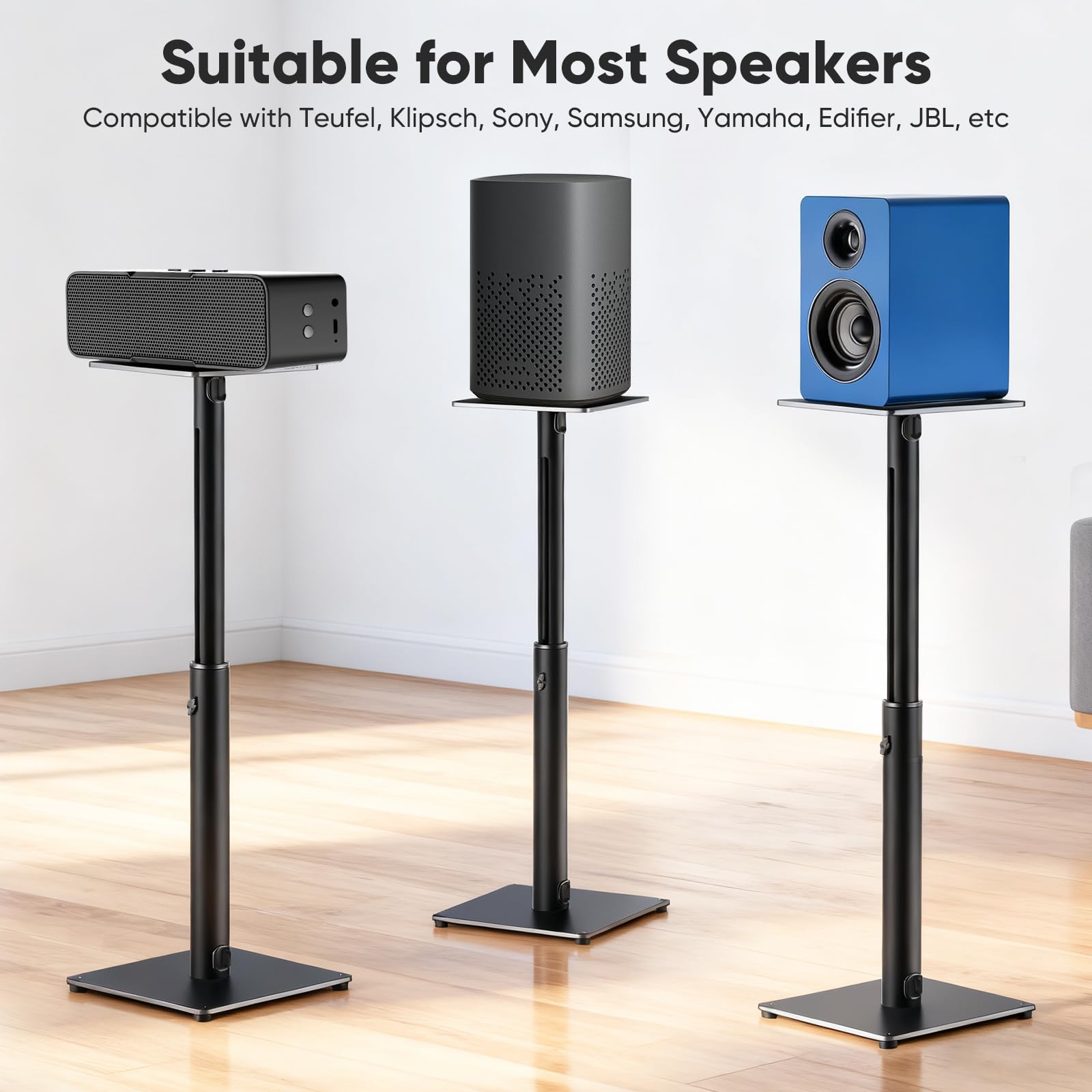Soportes para Altavoces, Juego de 2 Soportes universales de Suelo para Altavoces de Sonido Envolvente, Altura Ajustable, Capacidad de 15 kg Cada uno, gestión de Cables, fácil Montaje, Antideslizantes