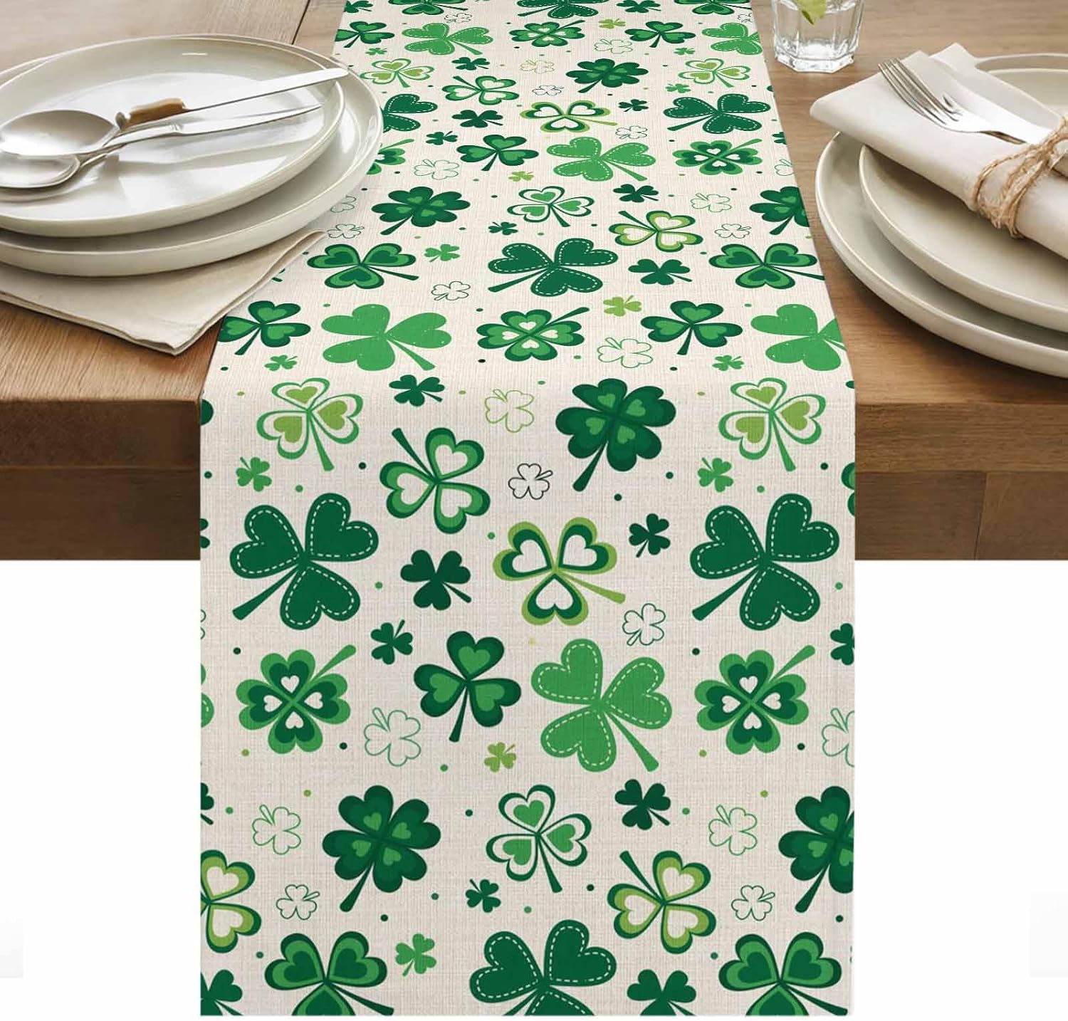 St Patricks Day Table Runner 120 Inches Long for Dining Table, Farmhouse Vintage Green Shamrock Burlap Linen Farmhouse Tables Runner Washable Coffee Tablerunners Dresser Scarf for Kitchen Party