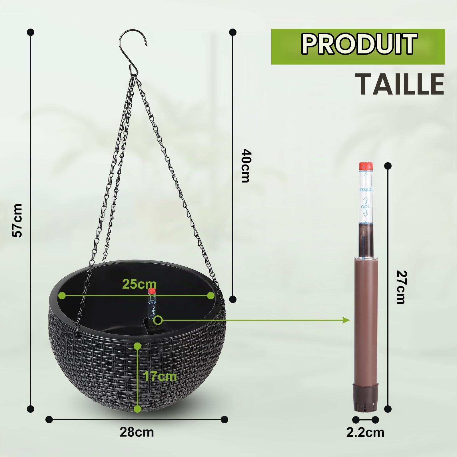 CPROSP 2pcs 28 cm Auto-arrosage des Plants Suspendu Savec Indicateurs d'eau | De Niveau; Pot de Fleur Suspendu Auto avec Égouttoir et Chaîne pour Lntérieur et Extérieur, Plafonds, Balcons Noir