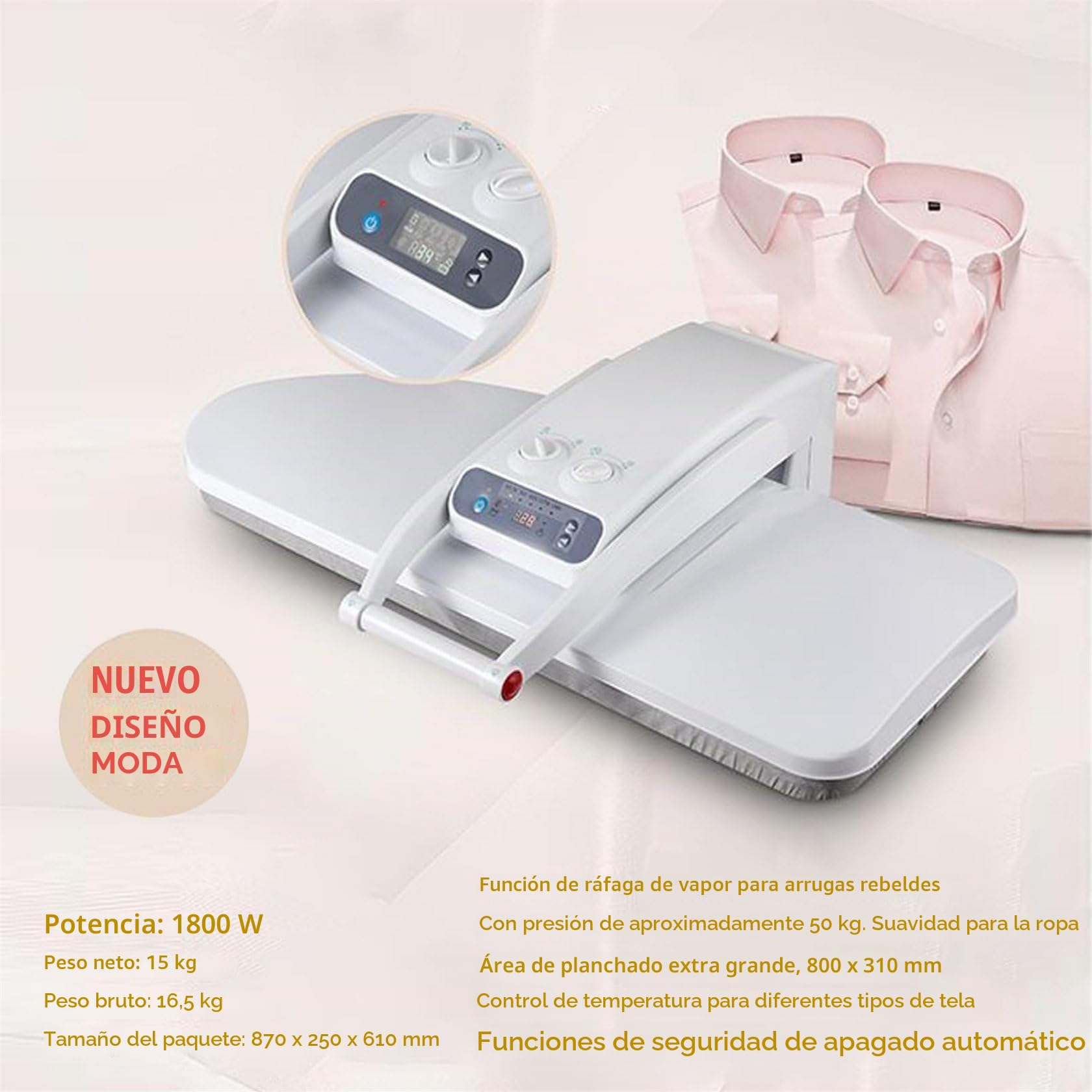 Prensa de vapor para planchado de alta potencia - 1800W con soporte, gran área de planchado, presión de 50 kg para un planchado eficiente