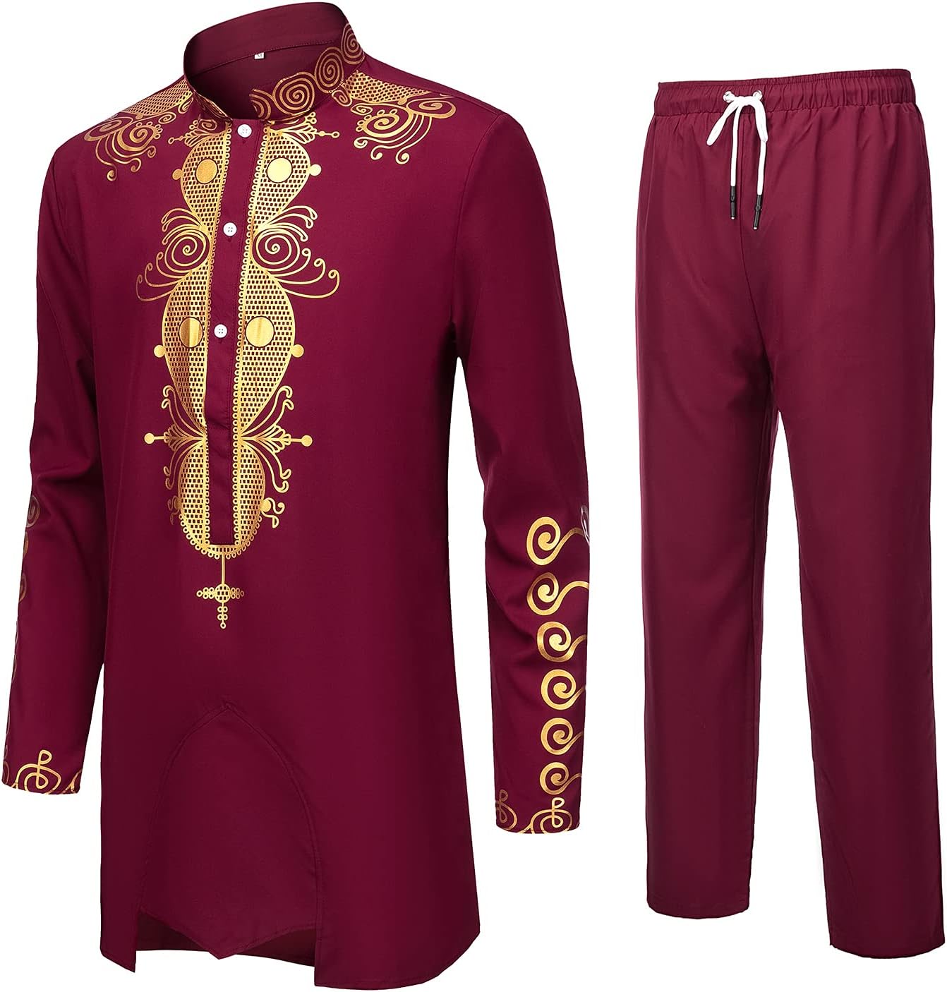 YND Men’s 2 Piece Dashiki Set African Shirt and Pants, Outfit with Gold Print - Image 2