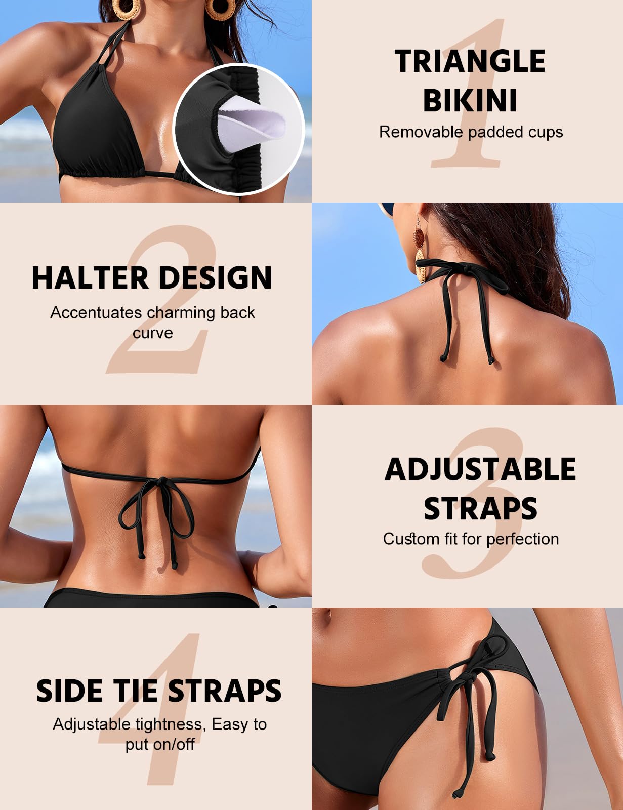 Svanco Conjunto Bikini Triangulo Mujer 2 Piezas, Cordón de Cuello, Espalda Descubierta y Lazos Ajustables para Playa