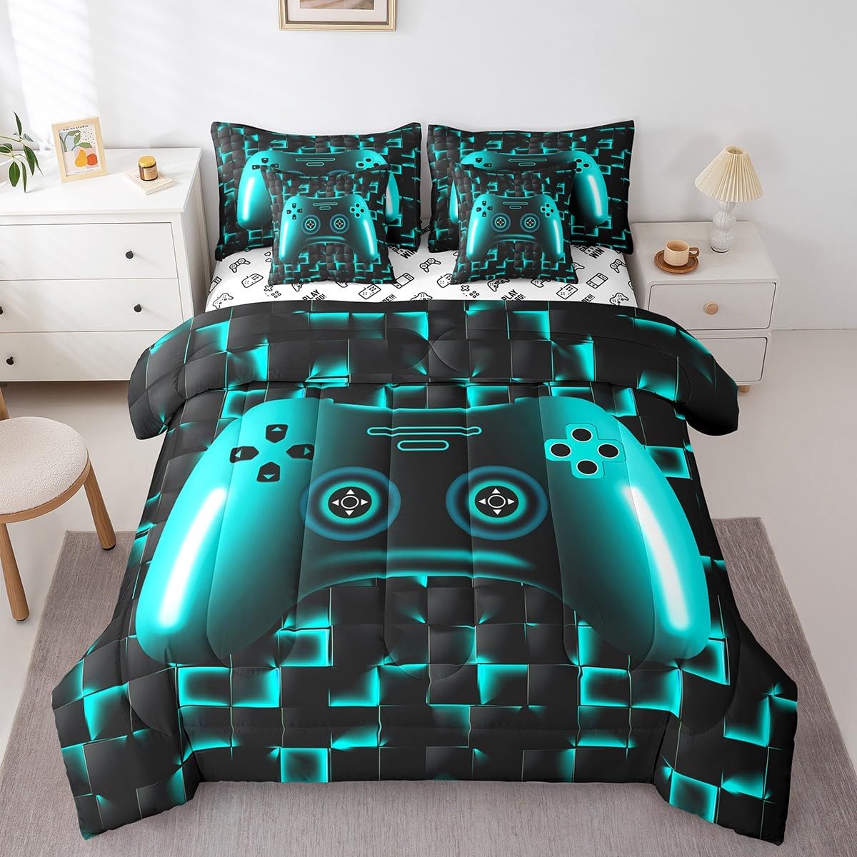 Erosebridal Boys Gaming Full Bedding Set for Kids Gamer Comforter Set for Teen Boys Game Controller Room Decor,Neon Teal Geometric Grid Bedding Black Abstract Check Square Bed in A Bag 7 Piece