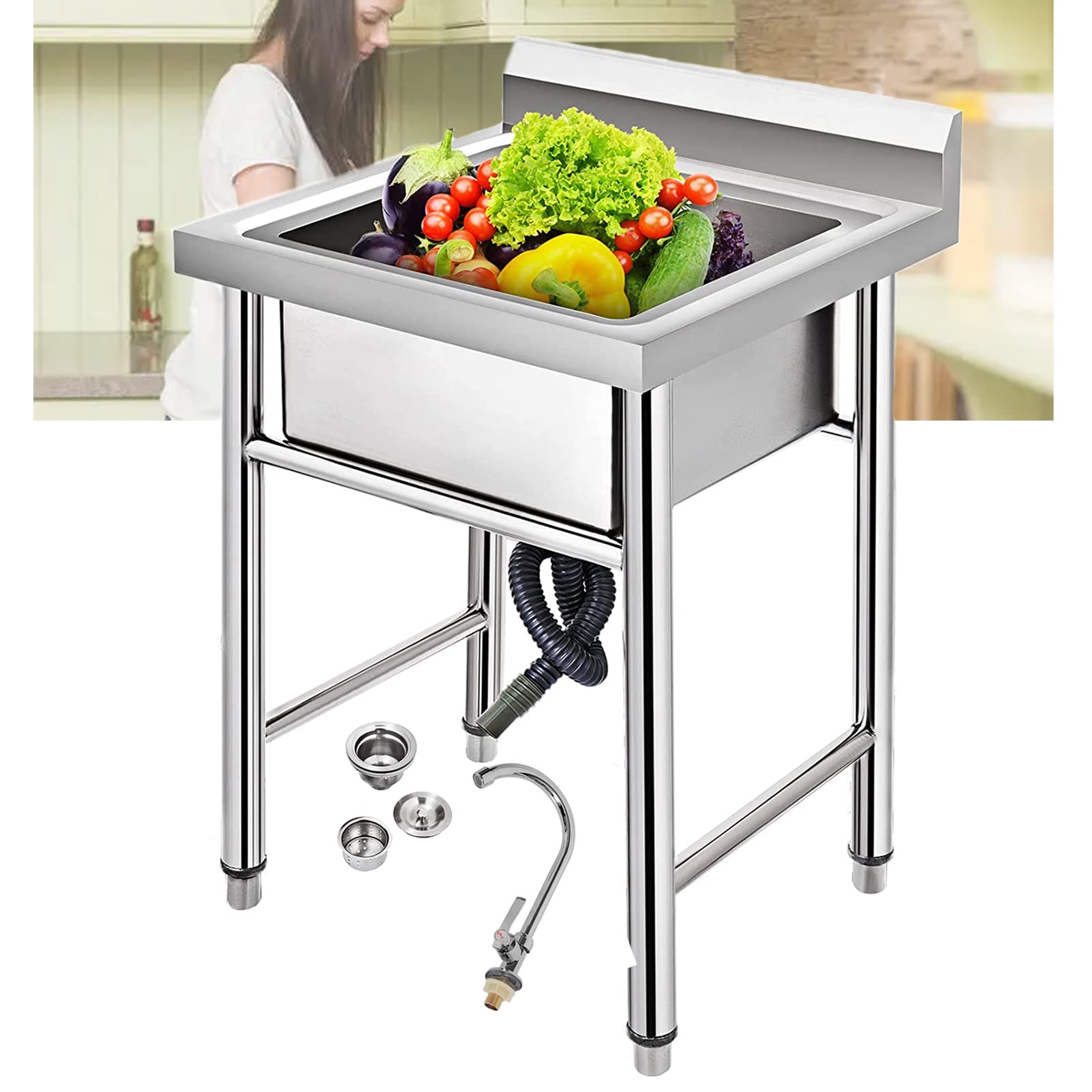ZQFHSX 304 Stainless Steel Utility Sink, Commercial Drain Strainer, Adjustable Bullet Feet, Deep Oversized Compartment Sink for Laundry, Garage