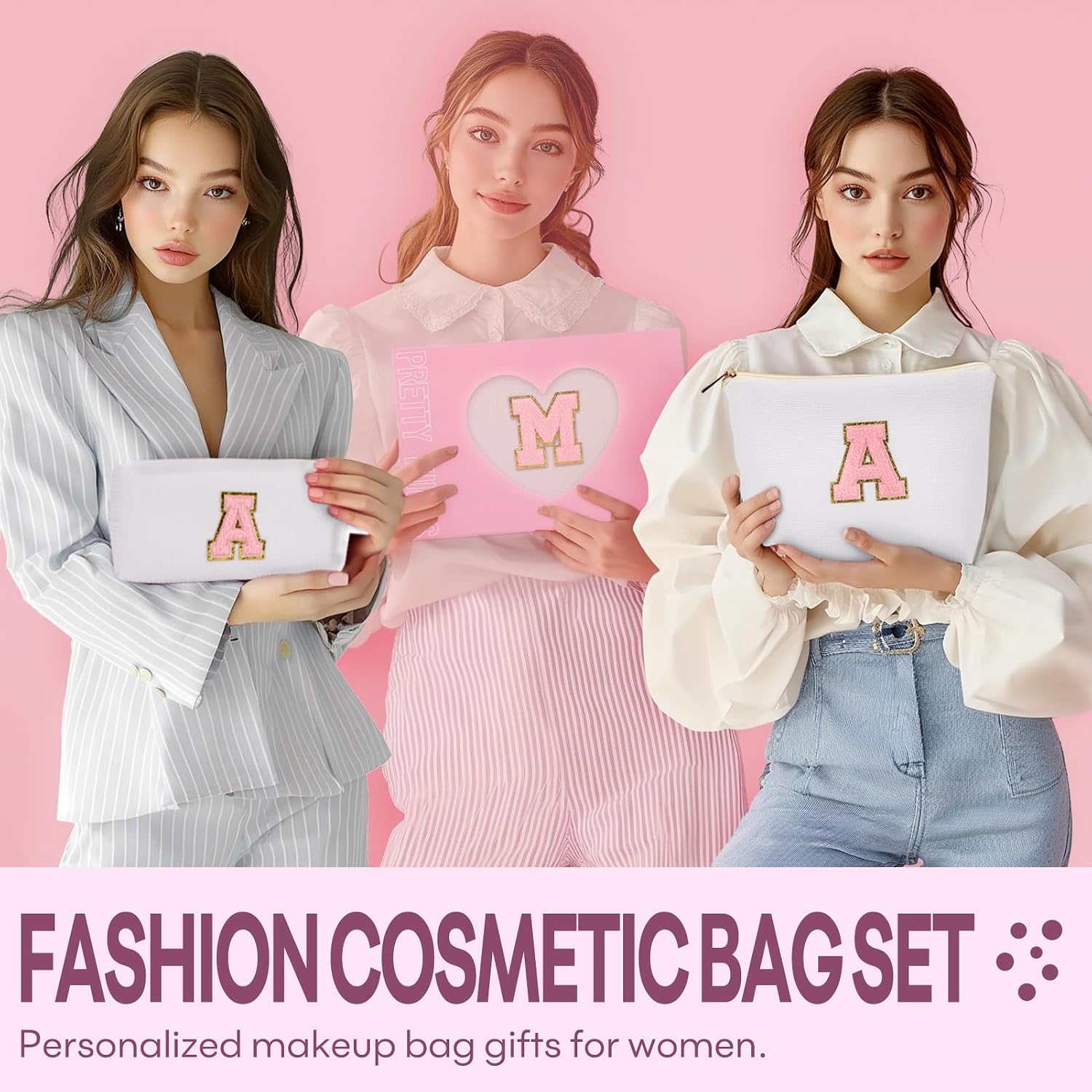 mibasies 2 PCS Initial Makeup Bags for Women: Cosmetic Bag for Travel Toiletry - Personalized Cute Makeup Pouch - Gifts for Grilfriend Wife Moms Bridesmaid - Retirement Travel Gifts - White E image 2