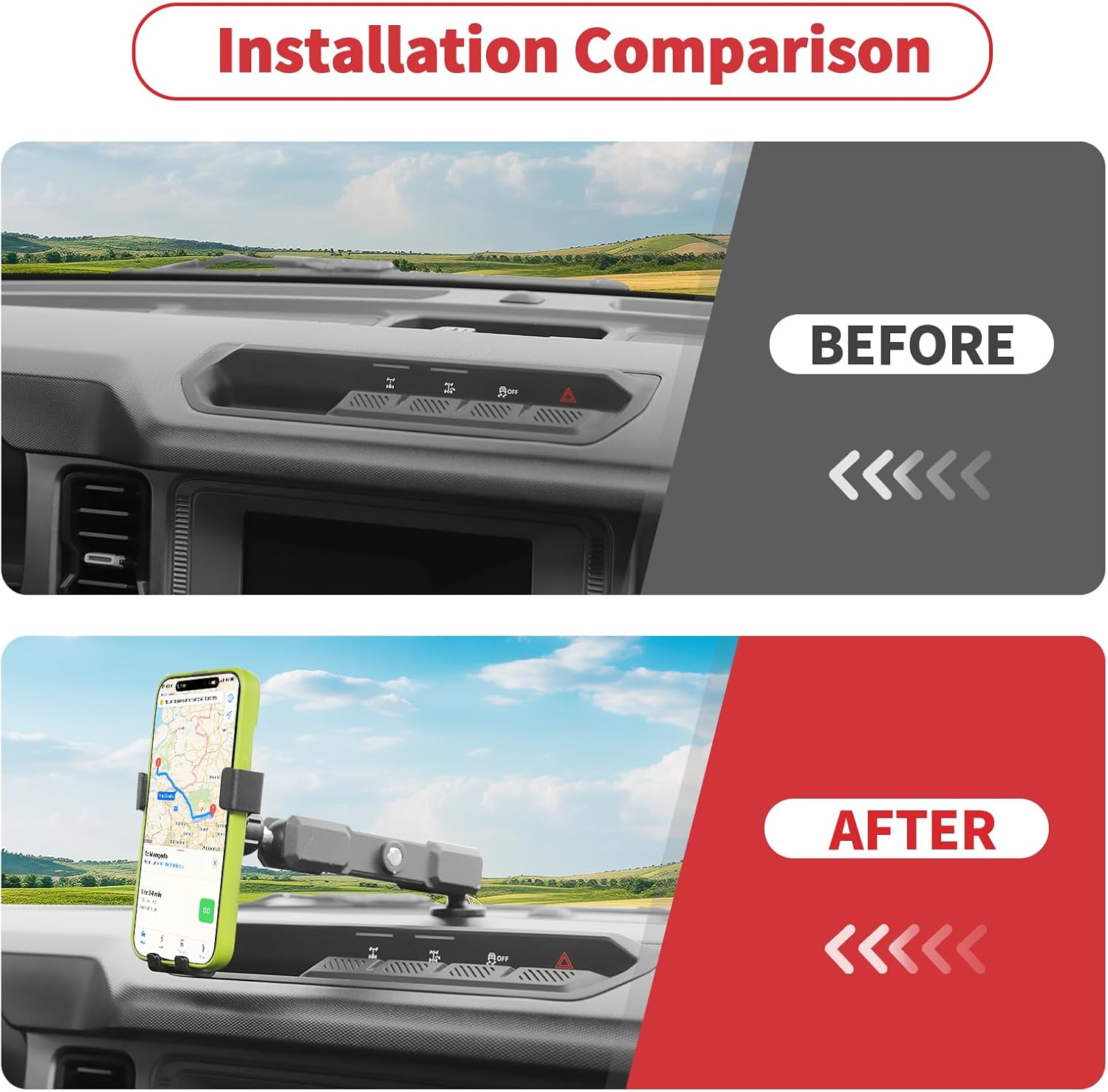 Linskip Dashboard Universal Phone Mount & Smart Phone Holder for 2021-2025 Ford Bronco Raptor & Bronco Accessories 2/4 Door, Rotates Vertical and Horizontal, One-Hand Operation, Interior Accessories