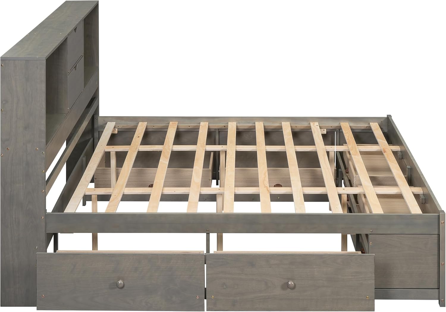 SOFTSEA King Size Platform Bed with Bookcase Headboard and Drawers, Wood King Size Platform Bed with Storage Headboard, Modern Captain's Bed Frame with 8 Drawers, Gray
