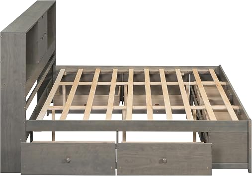 Queen Size Platform Bed, Queen Bed Frame with Storage Headboard and 8 Drawers, Easy Assembly, Modern Solid Wood Bed Frame, Includes Installation Manual, Gray