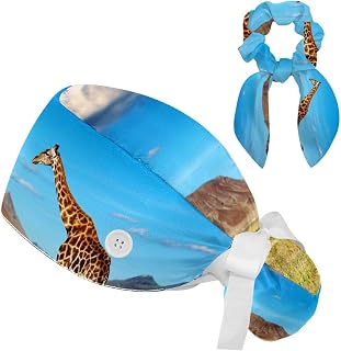 FVQL 2 Pieces Surgical Cap for Long Hair Scrub Cap with Hairband Nurse Cap, African Pattern Giraffe Animal