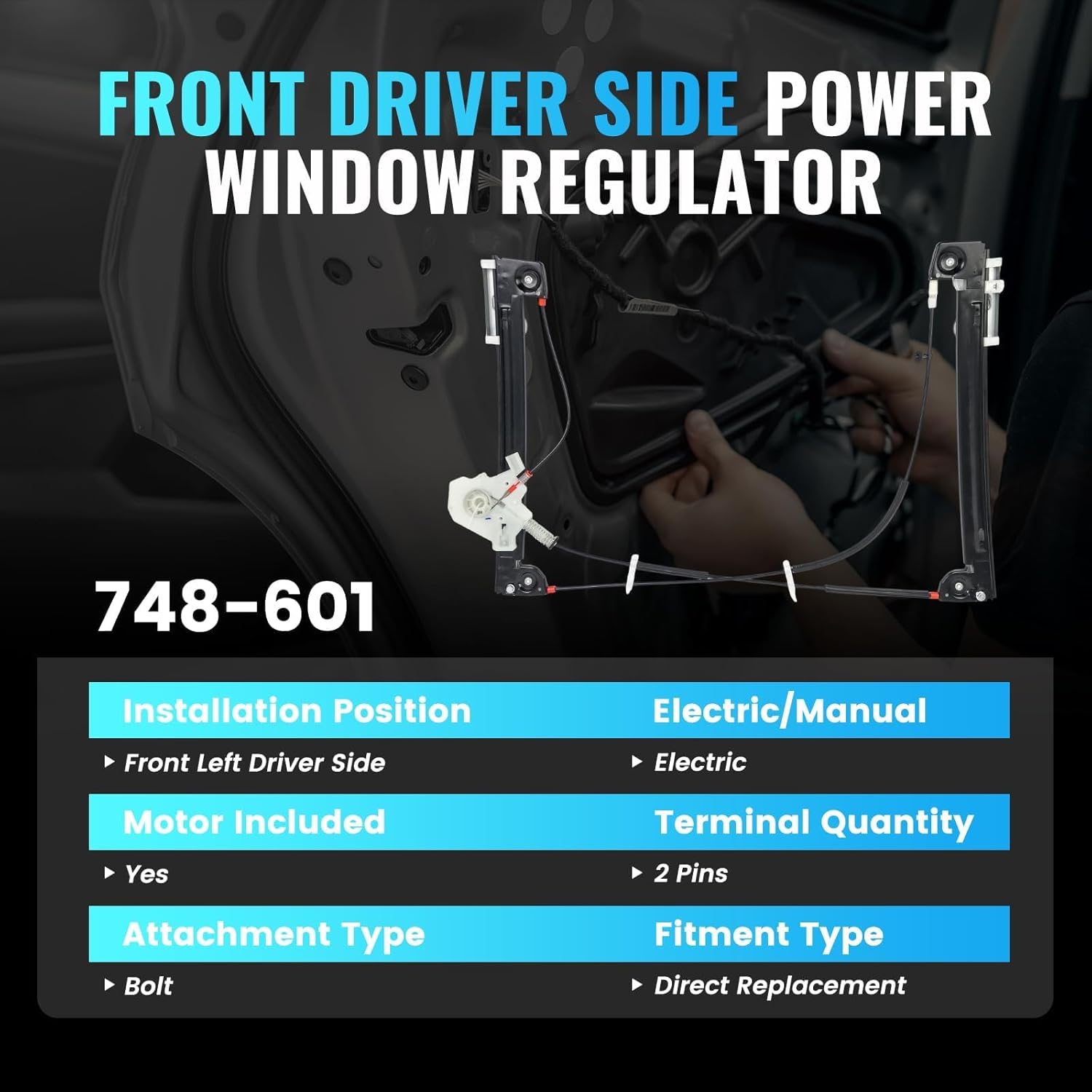 748-601 Front Left Driver Side Power Window Regulator with Motor 2 Pins Compatible with Mini Cooper 2002-2005,Replace# 51337039451,67626910375,67626937657,67626954891,67626955875