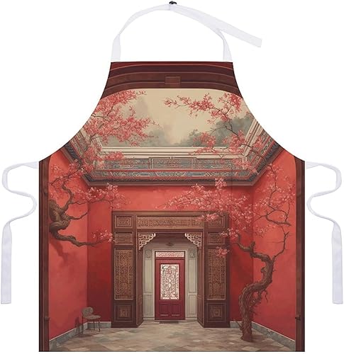 Miniatura 7 de MUSM Apron for Adults - 27.6 X 31.5 Inch, Heavy-Duty Polyester Aprons with Two Large Pockets, Waterproof Red Oriental Painting Kitchen Apron for
