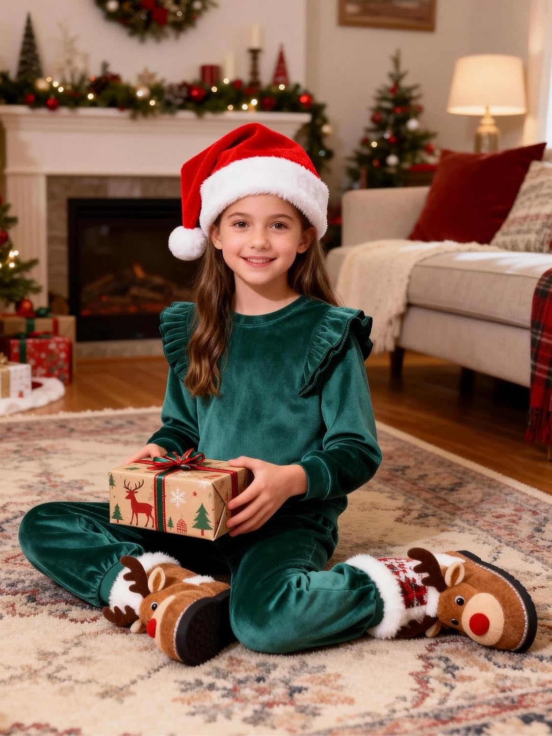 ESHOO Girls 2 Piece Outfits Kids Velour Sweatsuit Fall Tracksuits Ruffle Long Sleeve Sweatshirt Sweatpants Clothing Sets