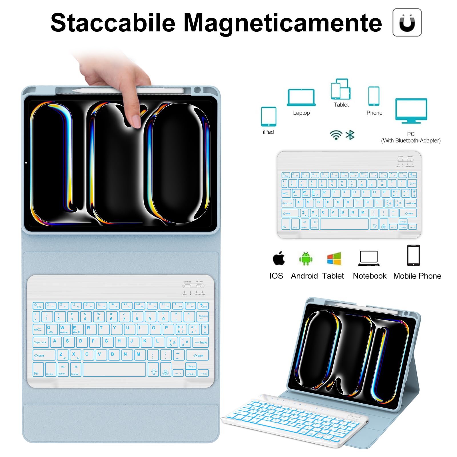 WINCHKING Custodia con Tastiera per iPad Pro 11" M5 2025/M4 2024, Cover Bluetooth Magnetica QWERTY Italiano Retroilluminata Tastiera per iPad Pro 11 Pollici (M5/M4, 2025/2024), Azzurro