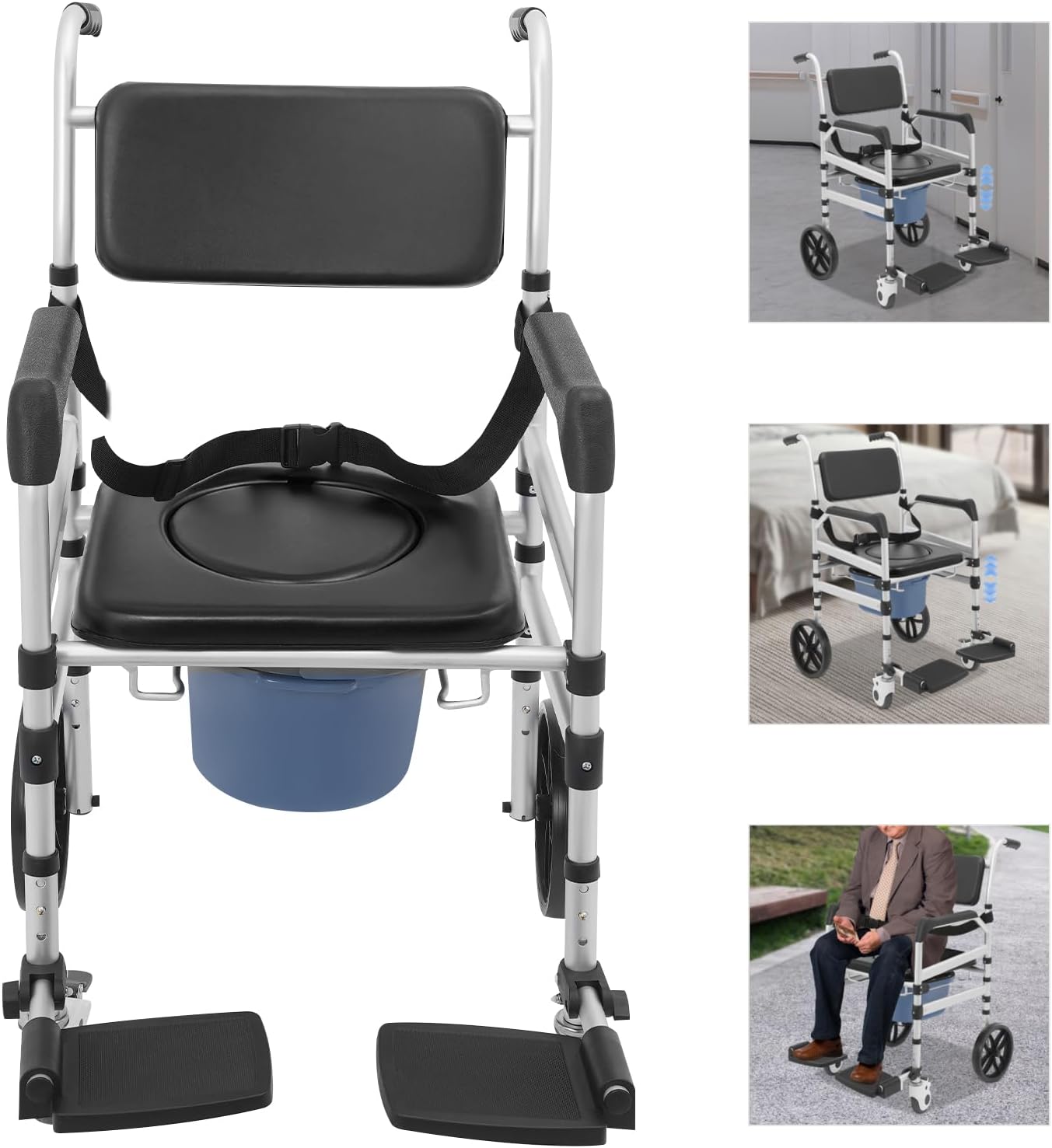 Folding Shower Chair with Wheels and Potty Height Adjustable Foldable Bedside Commode Heavy Duty Rolling Shower Chair for Elderly, Adults, Handicap and Disabled (Black and Silver O Shaped Cushion)