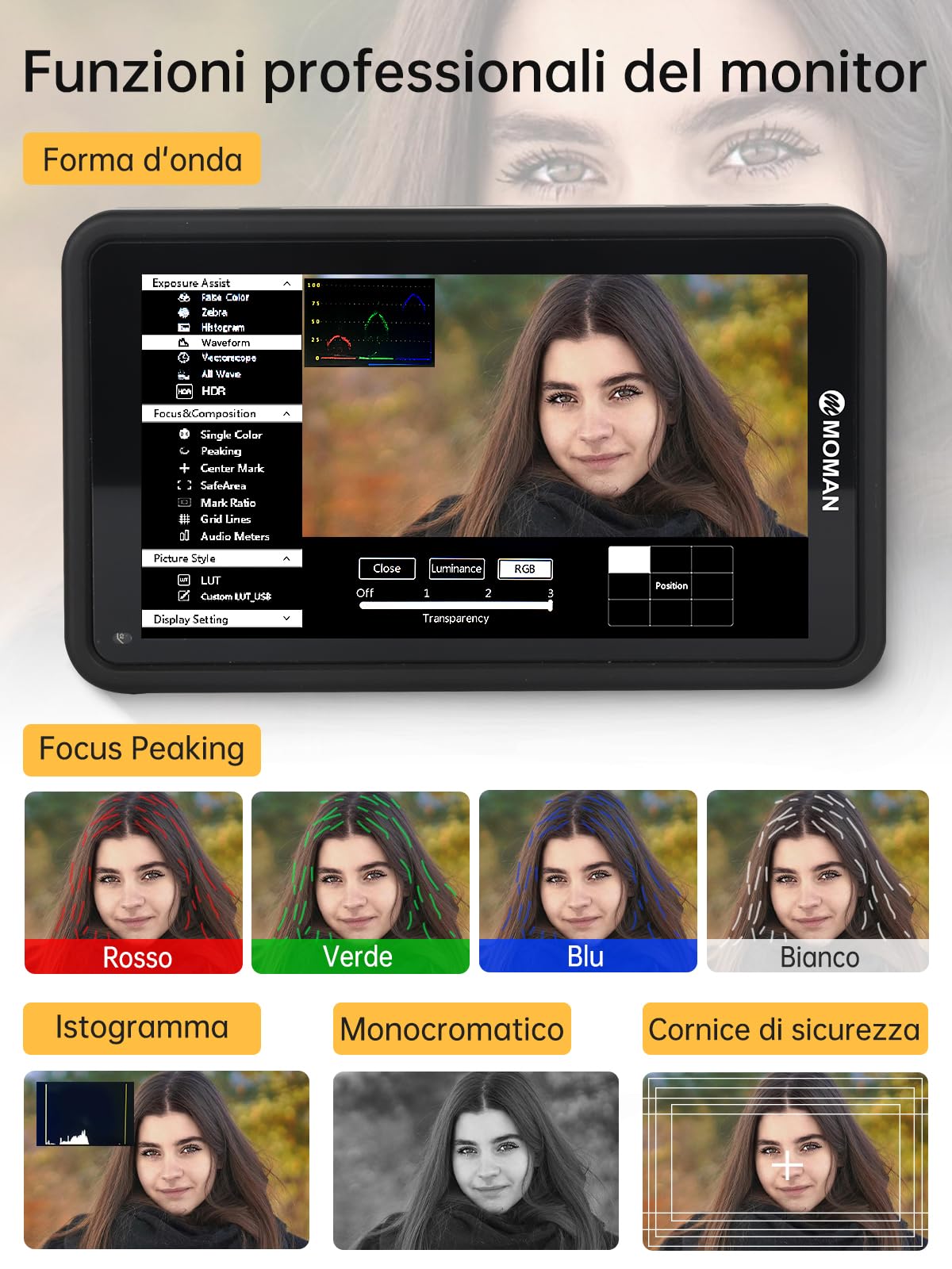 Moman M5 Monitor-Esterno-Reflex-4K-DSLR 5.5 Pollici Touch Screen 450nits, Monitor da Campo 1920 * 1080 Full HD con 3D LUTs/HDR, Monitor Mirrorless