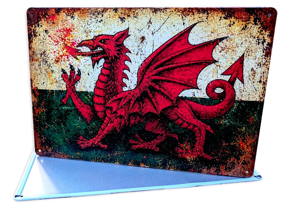 Welsh Dragon Metal Wall Sign, Rustic Vintage Style, Red Dragon Flag & Keep Calm I'm Welsh, Welsh gift idea (Red Dragon)