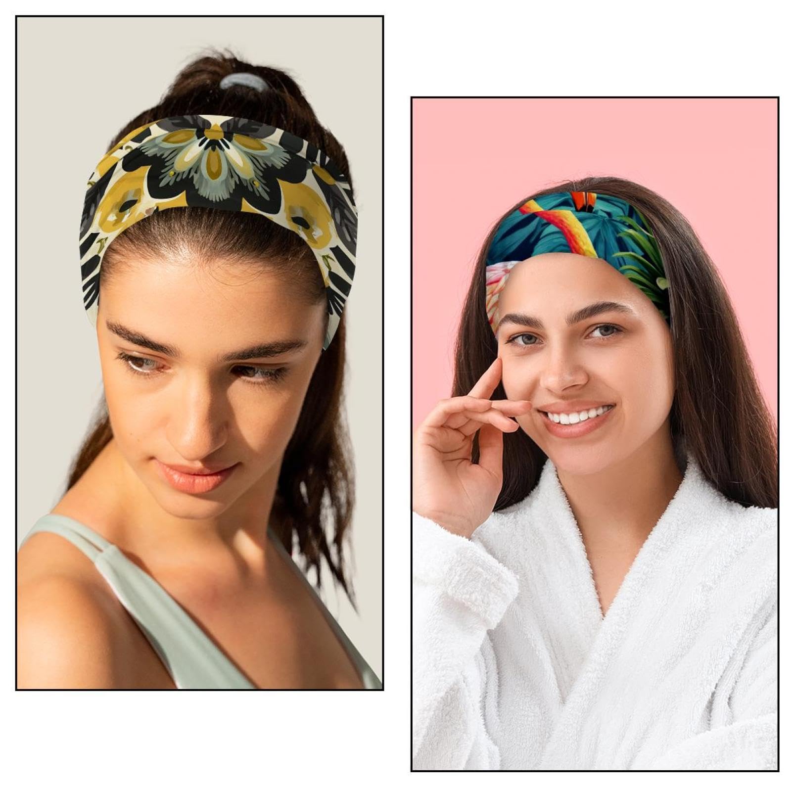 Lot de 6 bandeaux larges en bois vintage avec fleurs sauvages sur fond bleu pour femme - Turban antidérapant - Pour yoga, sueur, sport, entraînement