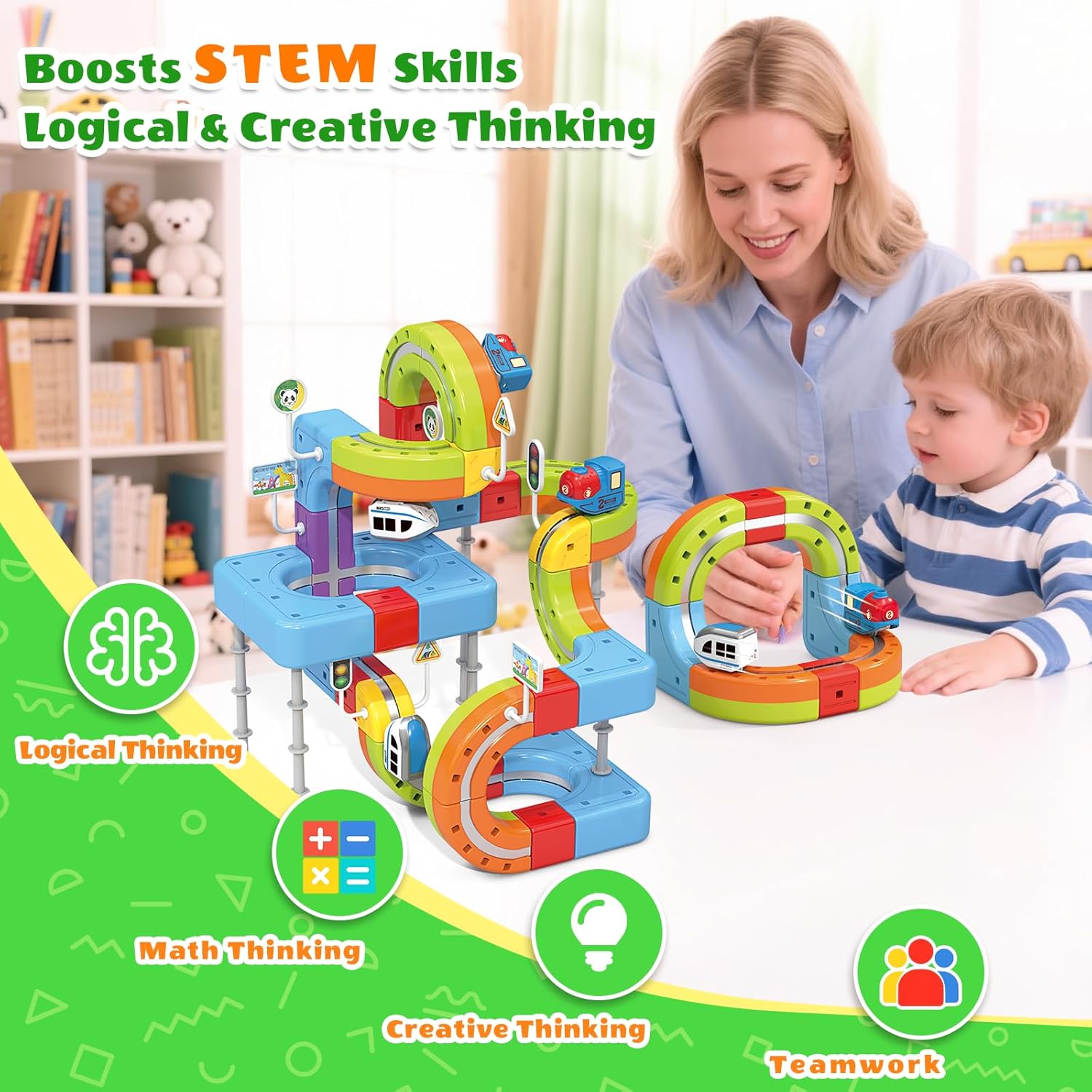 68 PCS Anti-Jam Magnetic Tracks,Flexible Magnetic DIY Electric Train Track Set for Toddlers 3+, USB-Powered STEM Educational Toy Gift