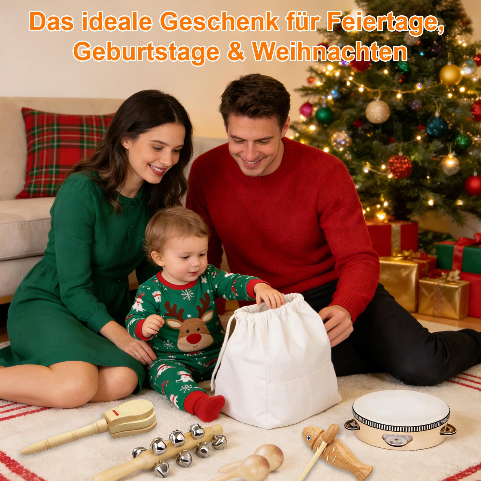 14-TLG Musikinstrumente Set für Rhythmik & Musikalische Früherziehung, Musik-Set aus Holz mit Maracas, Handglocken, Tamburin, Triangel, Holz-Guiro, mehr & praktischer Aufbewahrungstasche