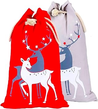 Leziazany Christmas Bag 2pcs Santa Sack, Reindeer Clause Canvas Gift Bag With Drawstring, Large Size Reusable Personalized Bags for Party Supplies Favors
