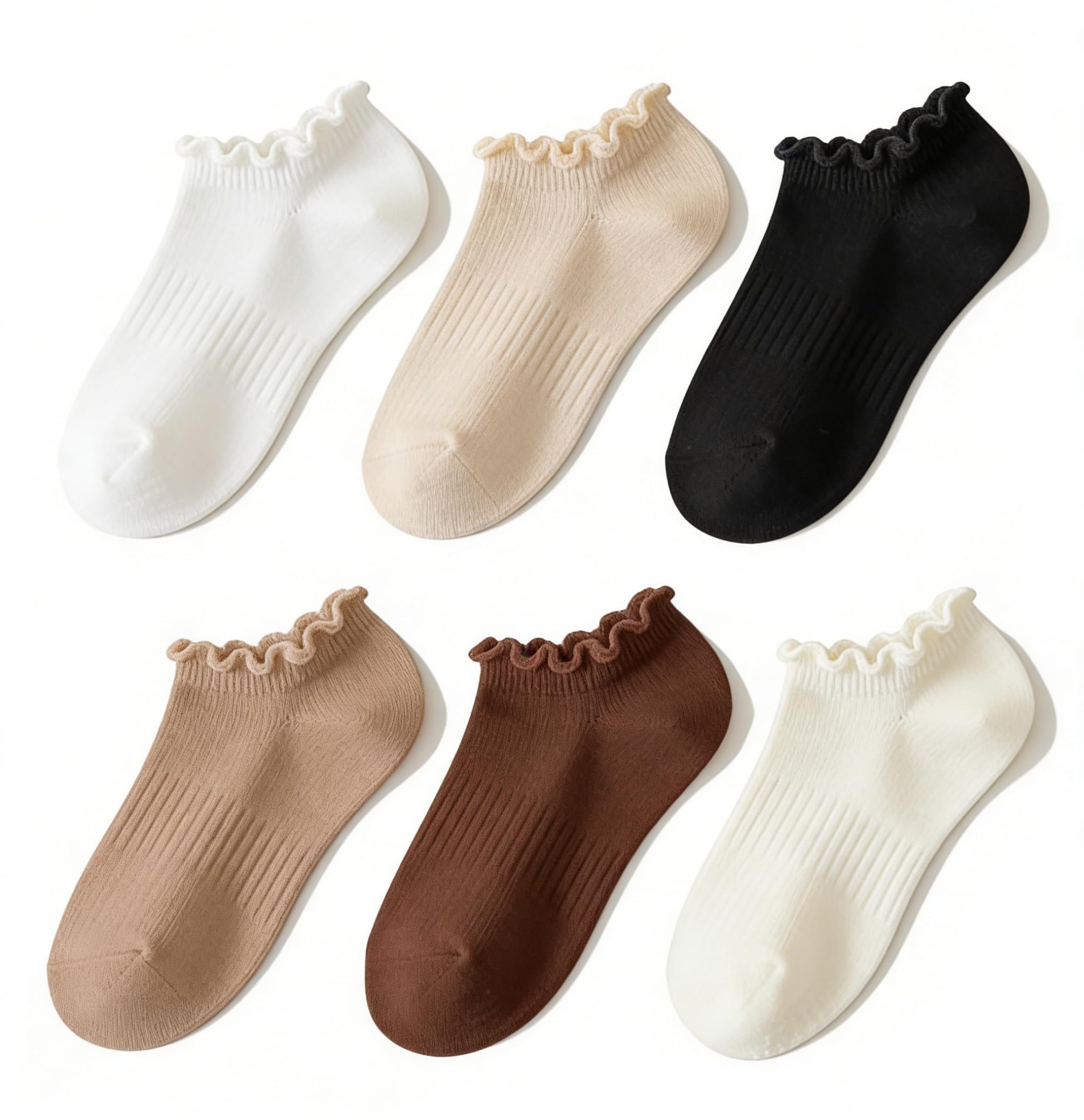 No Show Socks Womens Low Cut Non Slip Ruffle Ankle Socks 6 Pairs | Frilly Soft Cute Solid Color Lettuce Edge Comfort Breathable One Size 5-9