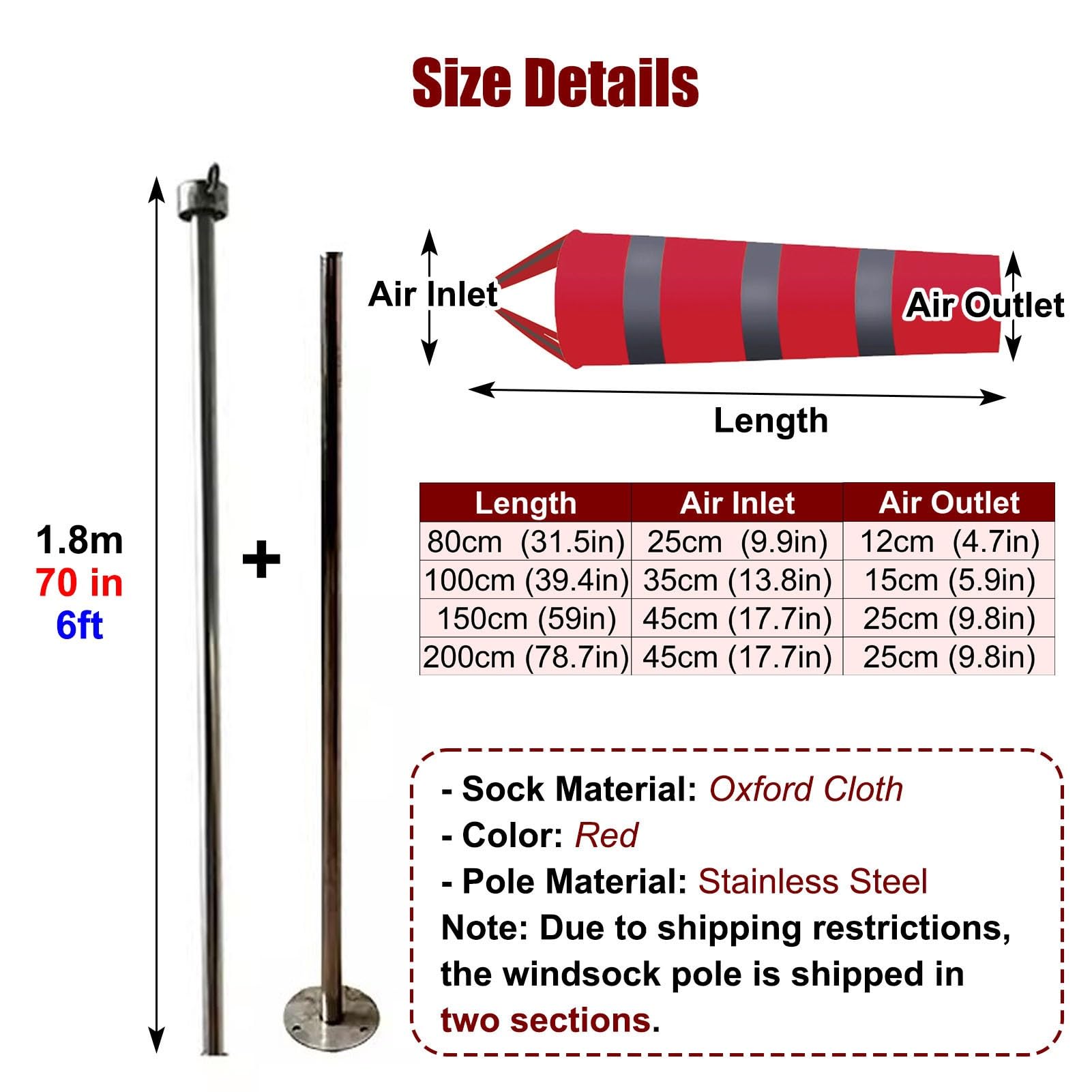 Manga de Viento Manga de Viento para Exteriores con Mástil de 180 cm, Indicador de Viento Reflectante de Tejido Oxford, Kit de Mástil para Manga de Viento con Rotación Libre(Red,1.5 m (4.9 ft))