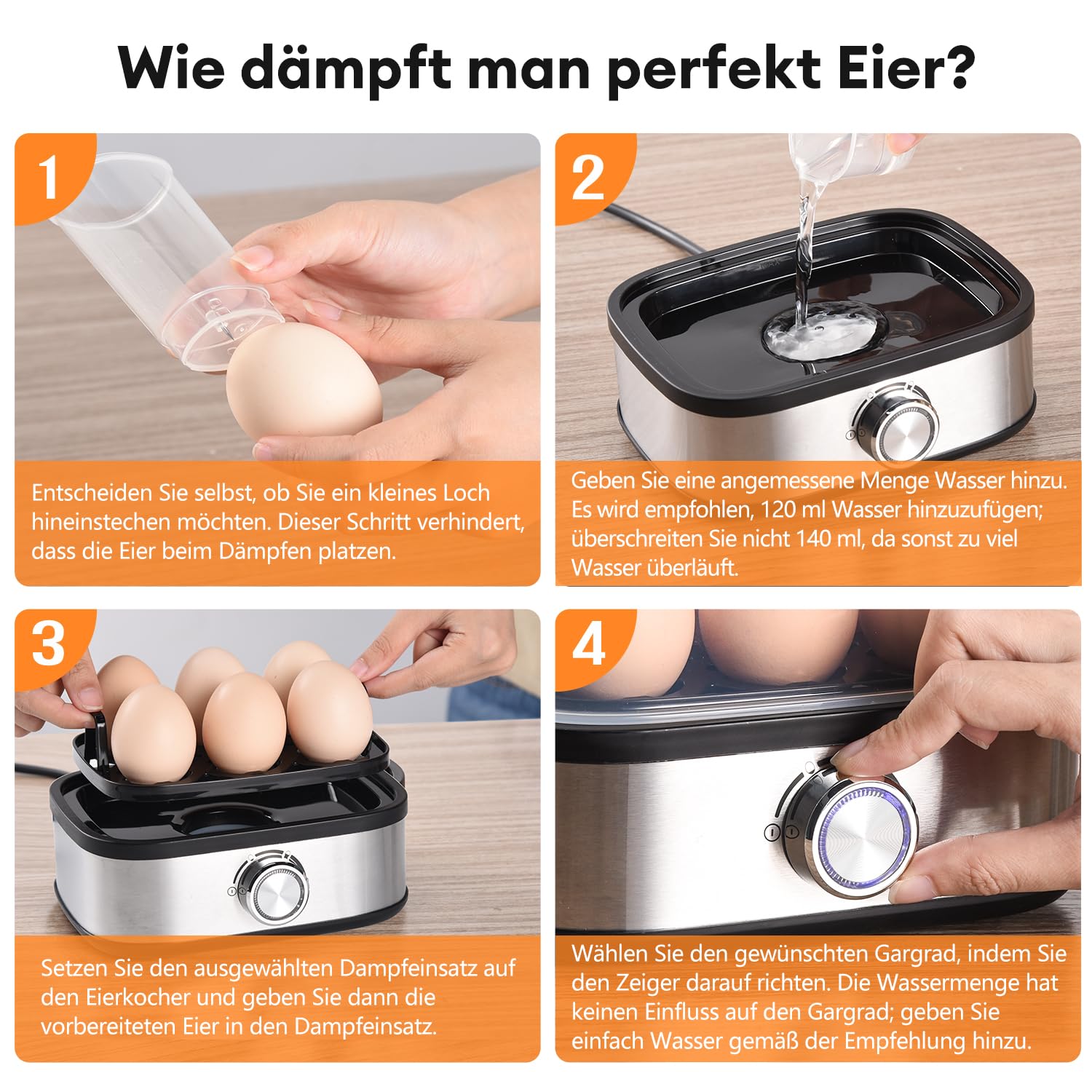 Hervidor de huevos 6 huevos cocina los tres niveles de cocción [suave|medio|duro] | Señal acústica, sin BPA, para huevos con tortilla, bandeja y huevera
