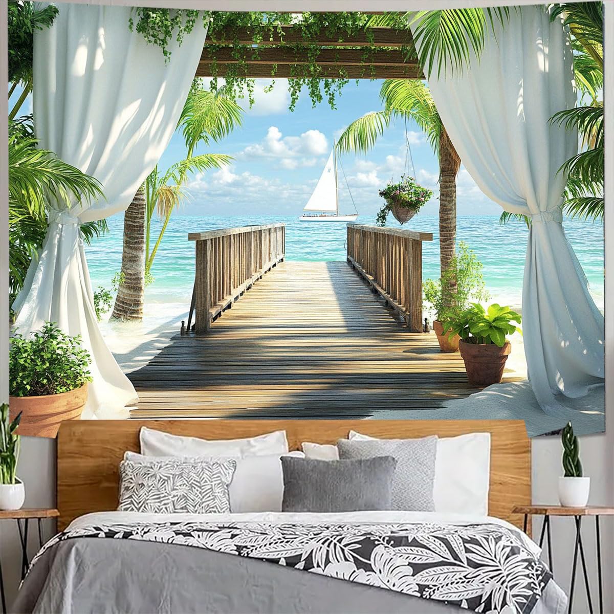 FENDROM Beach Decor Tapestry Ocean Sea Tropical Island Palm Tree Scenic View From Window Summer Tropical Scenery Wall Hanging Nature Tapestries For