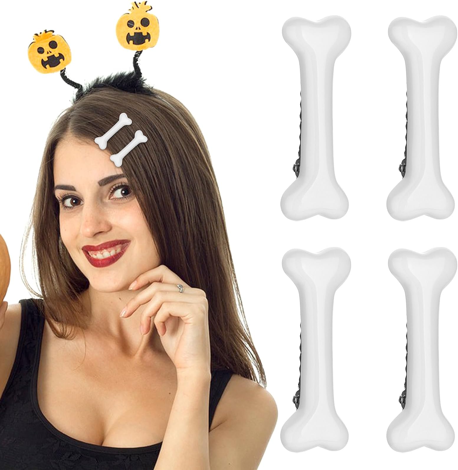 4 Pack White Bone Hair Clips Goth Barrettes Halloween Vivid Dog Bones Hairpins Alligator Side Band Clips Cosplay Costume Hair Accessories for Women Girl Pebbles Party Christmas