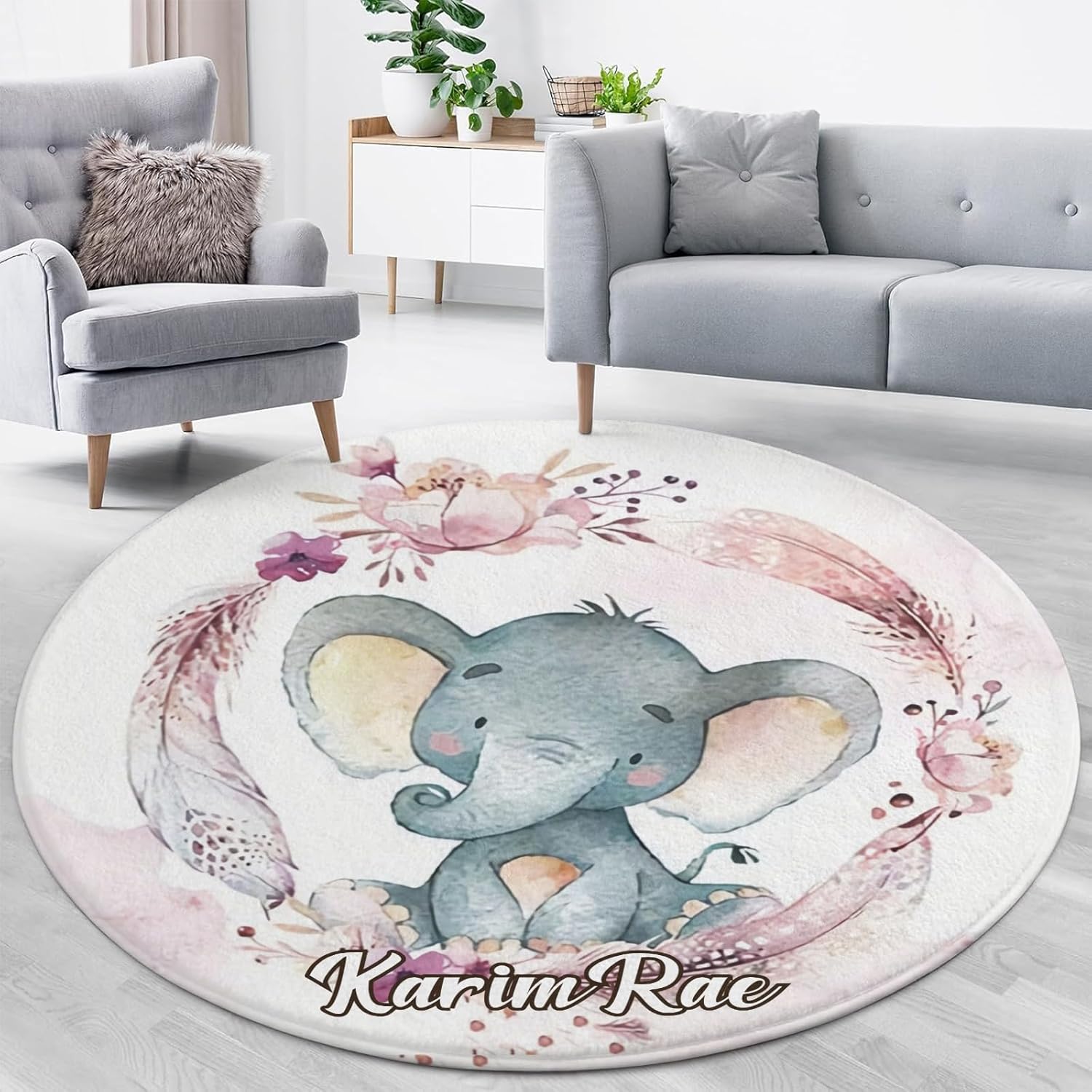 Personalized Teddy Bear Moon Pink Bow Custom Round Area Rug Baby Crawling Floor Mats Gifts for Boys Girls Babies with Names Nursery Bedroom Living Room Decor